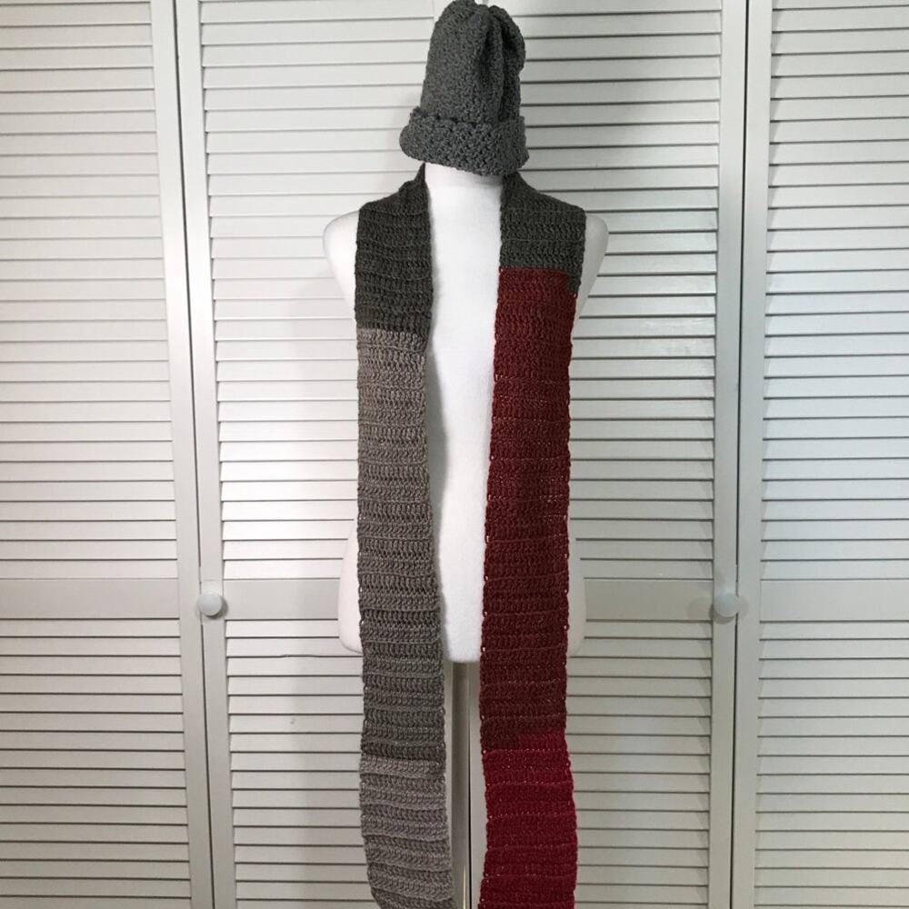 NWT Handmade Crocheted Gray Multicolor Textured Beanie Scarf 80”